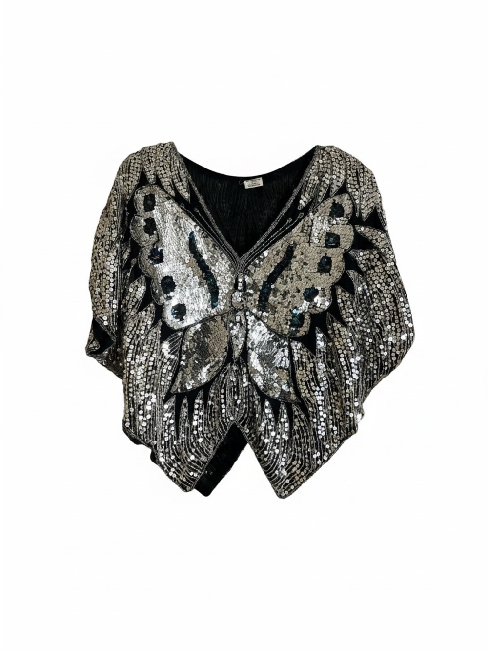 Vintage Sequin Butterfly V-Neck Sweater - Black & Silver 100% Silk Lining